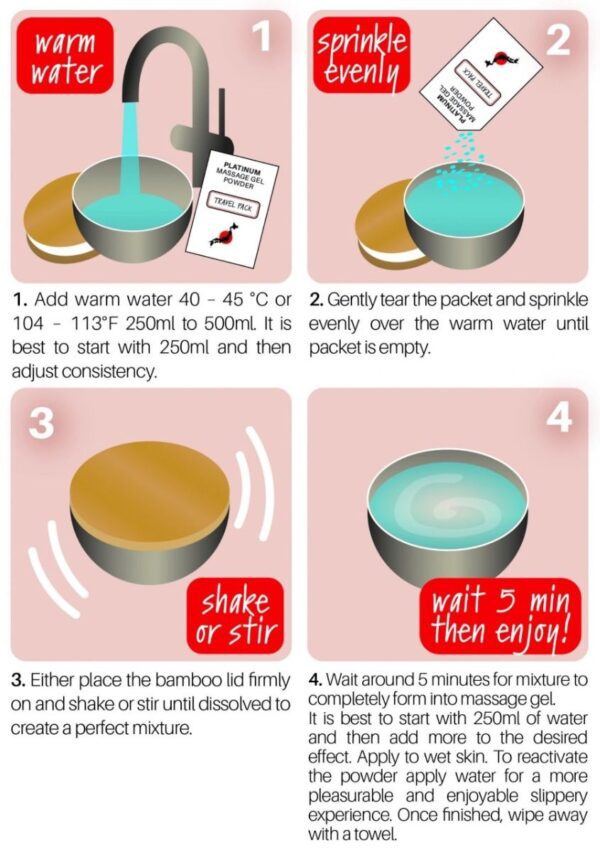 Instructions for mixing nuru gel powder into massage gel